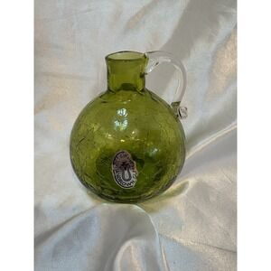VTG Pilgrim Handblown Green Crackle Glass Mini Pitcher Clear Handle Original